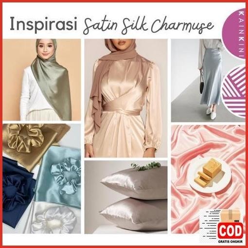 Promo ( Meter) Kain Satin Silk Charmuse Premium Kilap Glossy Kainkini - Merah Maroon Red ( Bahan Sut