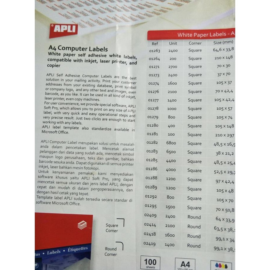 

Apli White Paper Label / A4 Computer Labels / Dus Isi 100 Sheets