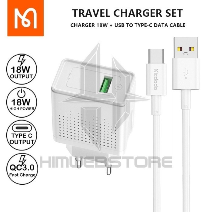 MCDODO Travel Kepala Charger Kabel Type-C Fast Charging Samsung Xiaomi