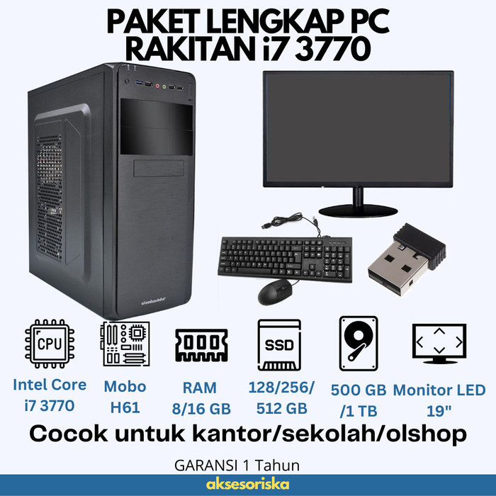 Paket Lengkap Pc Rakitan Komputer Intel Core I7 3770 Monitor Led 19"