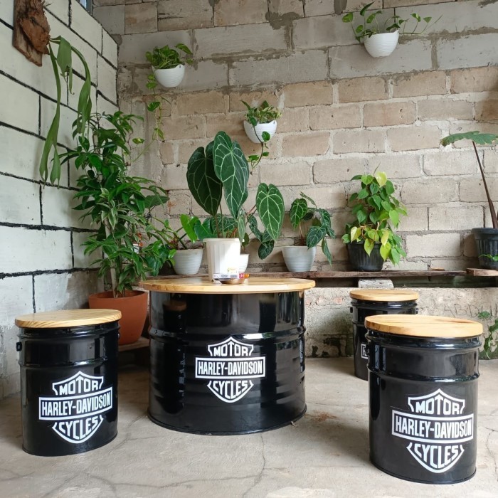 Ready Stok - Kursi Tong Meja Drum Tutup Kayu