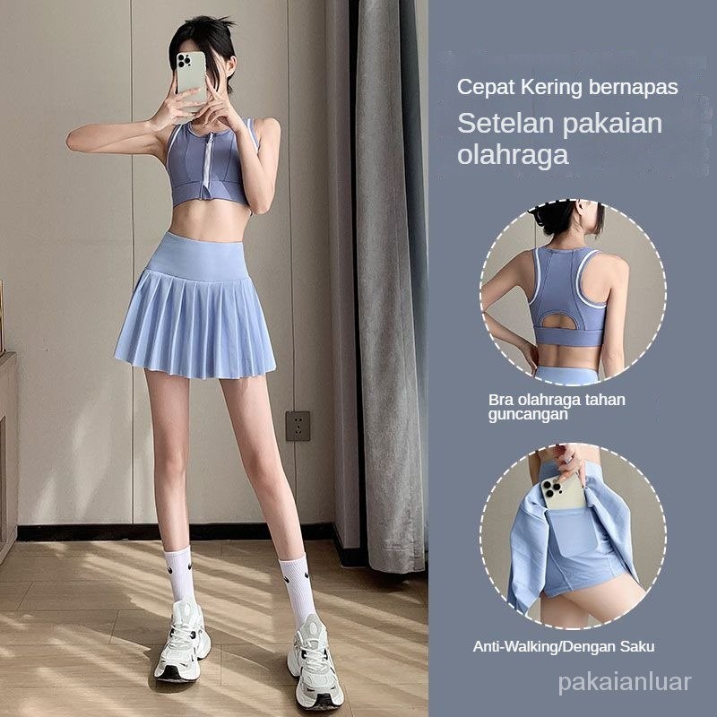 Pakaian Olahraga Badminton Wanita, Baju Olahraga Badminton Tenis Wanita, Rok Lipit Cepat Kering, Bra