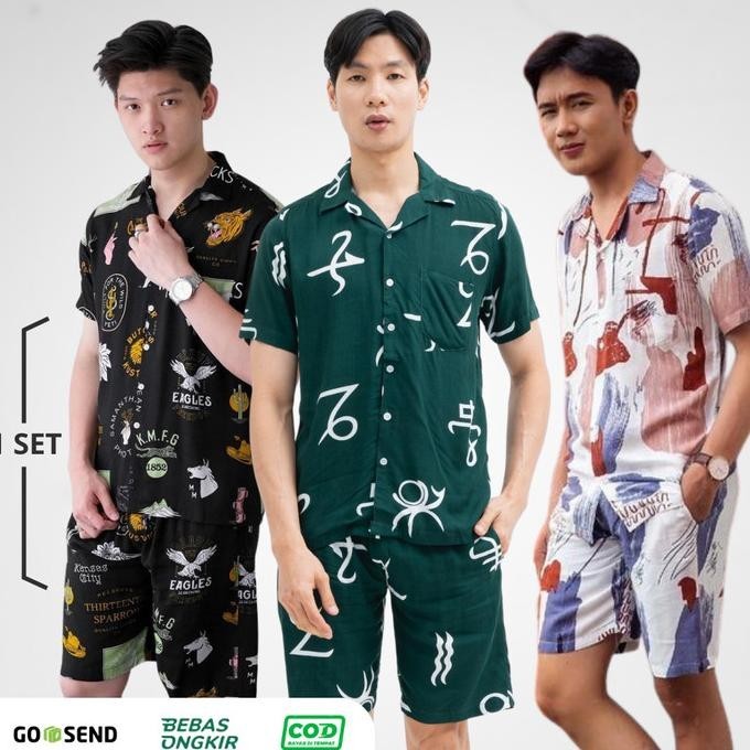 Kemeja Pantai Pria Baju Hawai Rayon Printing Motif Set Celana Pendek