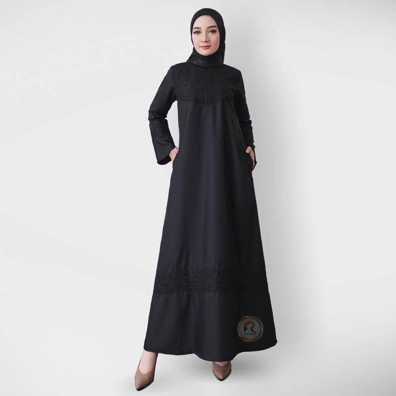 Gamis Umroh & Manasik Haji Hitam Variasi Bordir Bahan Katun Twill Gamis Wanita Syari Remaja Kekinian