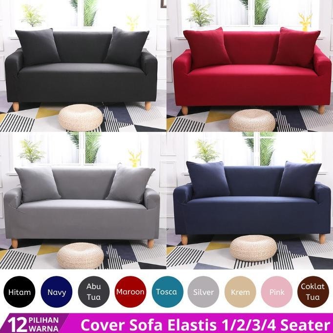 Cover Sofa Sarung Sofa Elastis 1/2/3/4 Seater Polos Free Sarung Bantal .
