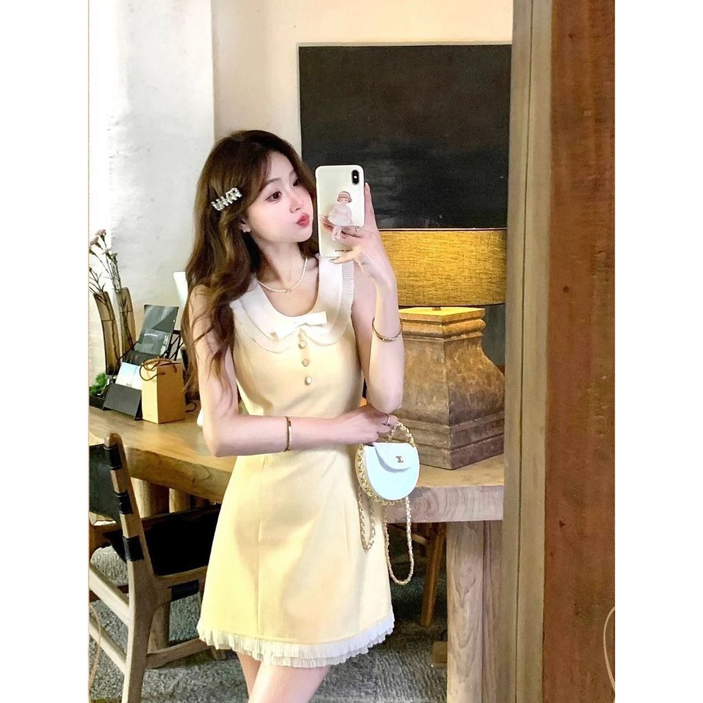 【Cream Winnie】Gaun kerah boneka kuning krem ​​rok pendek pelangsing pinggang wanita