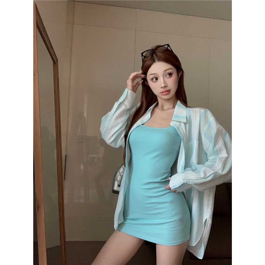 [Cream Winnie]Kemeja Pelindung Matahari Lengan Panjang Bergaris Jahitan Setelan Rok Suspender Rampin