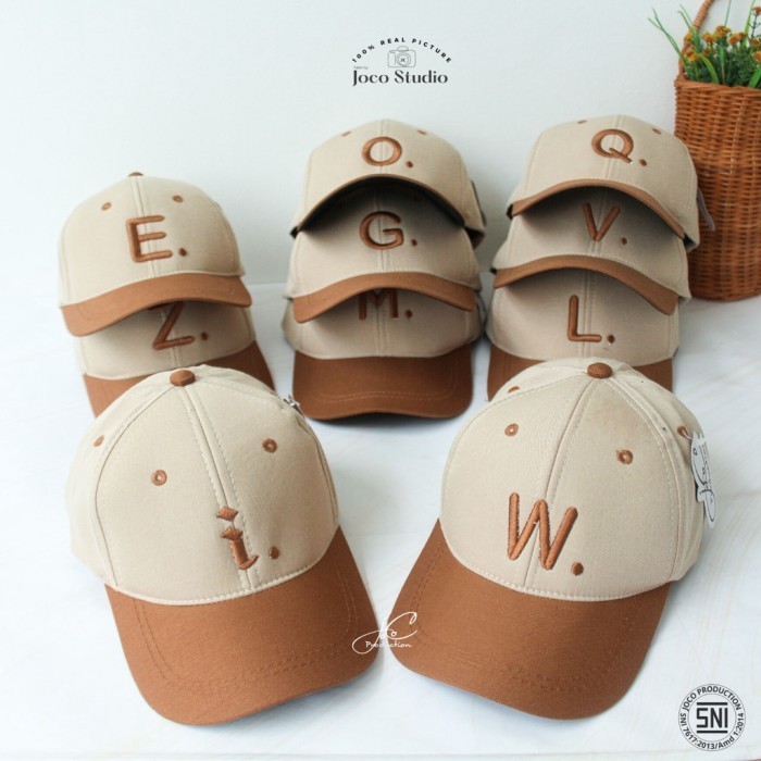 Jocoproduction - Topi Anak Baseball Bordir Alfabeth Cream Coklat