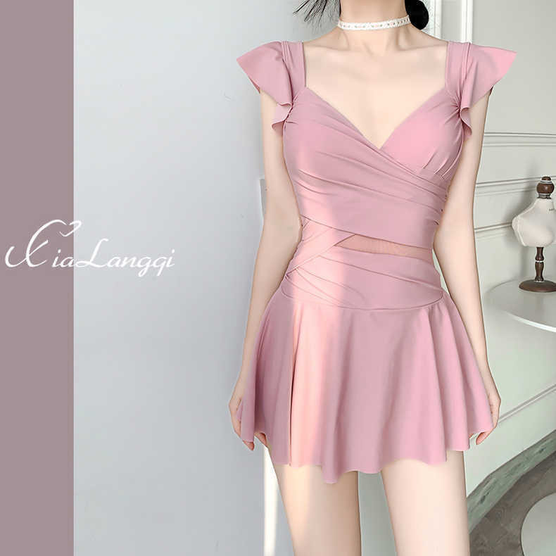 Swimsuit Women's One-Piece Solid Color French Swimsuit Conservatively Thin Underwire Bra Dress Swims