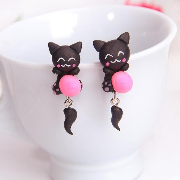 anting tusuk kucing handmade clay emas silver murah import korea