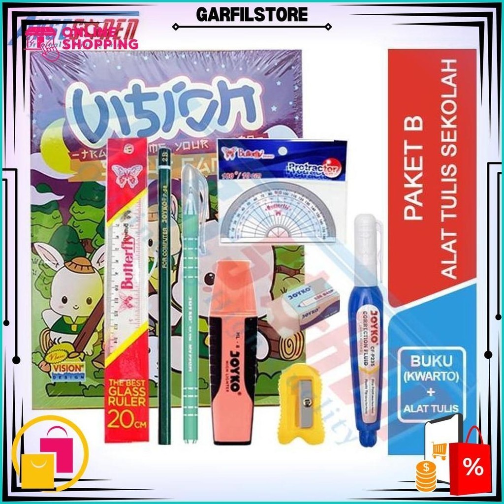 

Paket Alat Tulis Sekolah Anak [ Tk / Sd / Smp / Sma ] / 1 Set Alat Tulis Sekolah / Perlengkapan Alat Tulis Buku 58 Lembar / Buku Tulis 38 Rautan Pensil P-88 Pulpen Jel Jk-100Nt Penghapus Kecil Tipe X Highlighter Joyko Sale