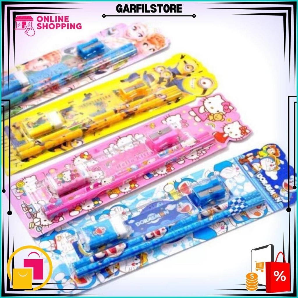 

Alat Tulis Karakter Set 5In1 / Paket Lengkap Pensil Penghapus Rautan Penggaris Bergambar Kartun / Mini Stationery Set Character Gratis Ongkir