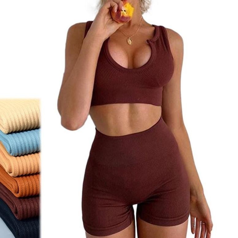 Setelan & Crop Top Set Olahraga Sport Bra Legging Rib Knit Pakaian Dalam Yoga Gym Fitness Baju Luar 