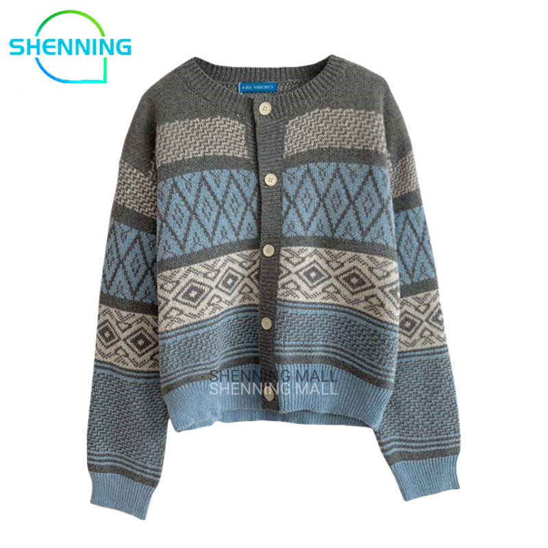 SHENNING Cardigan Rajut Premium Cardigan Kotak Kotak Retro Outer Rajut Soft Knit Jacket Korea
