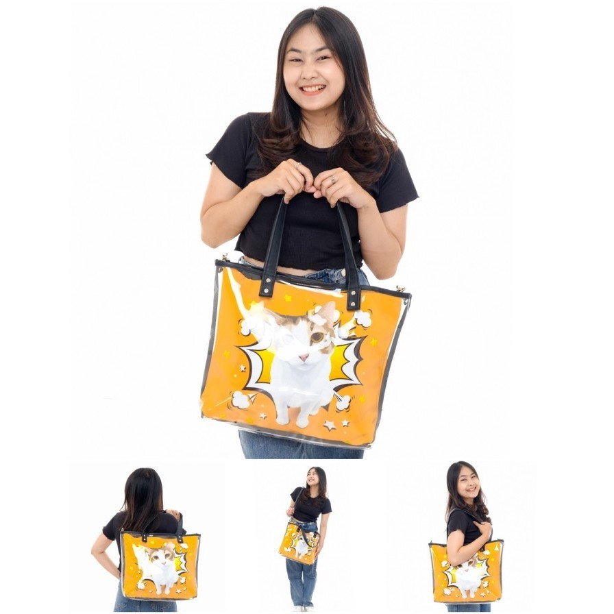 Tas Transparan 4In1 Custom / Tote Bag Dan Sling Bag Motif Kucing Sendiri