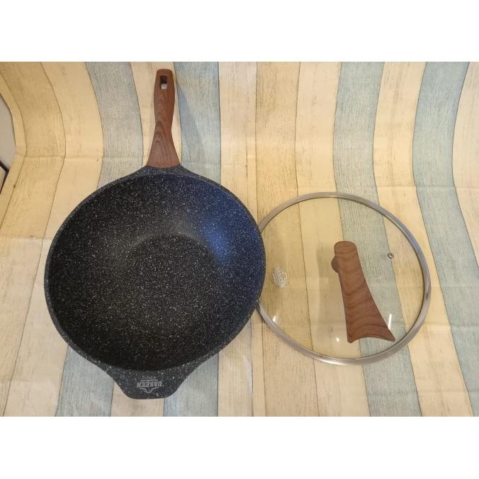 [Ready Stock] Wok Pan Marble 30Cm Uakeen Wajan Premium Kuali Panci Tutup Kaca Vk-169