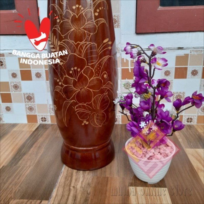Gra Guci Vas Bunga Model Cukit Kayu Jati Tinggi 55 Cm / Free Packing