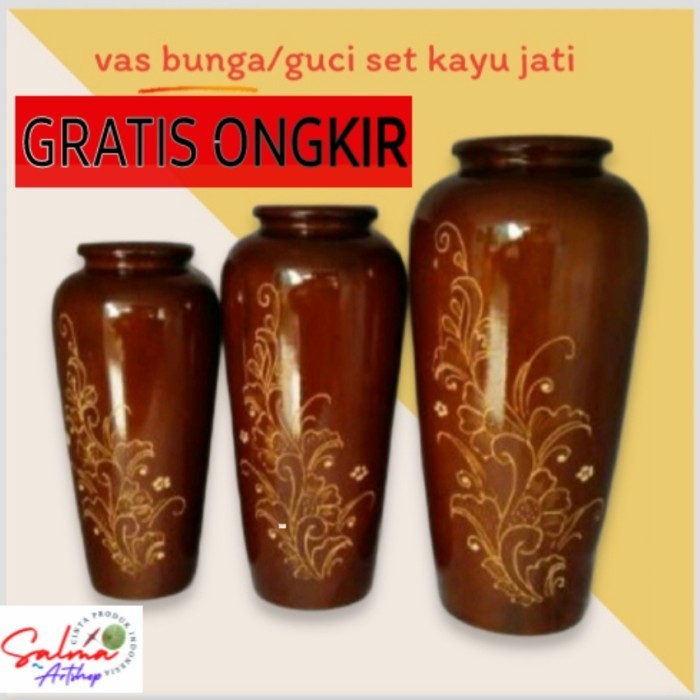 Gra Vas Bunga Guci Kayu Jati Set 3,Vas Bunga Dekorasi Kayu Jati Ukir