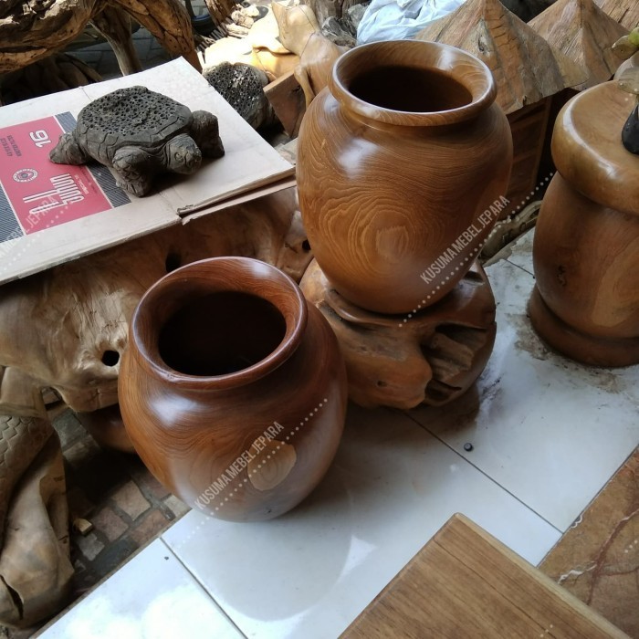 Gra Guci/Gentong Dekorasi Kayu Jati Solid Tanpa Tutup (Tinggi 50Cm)