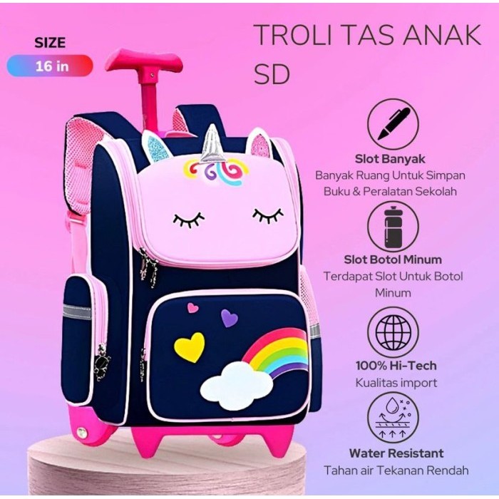 Tas Troli Anak Perempuan Ransel Trolley Import Unicorn Tas Sekolah ORI