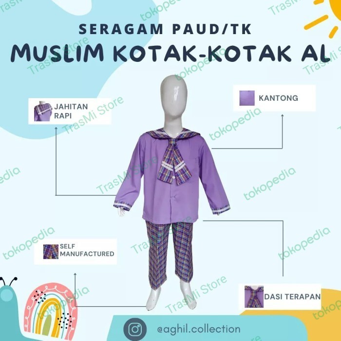 MURAH SERAGAM MUSLIM KOTAK UNGU PAUD & TK