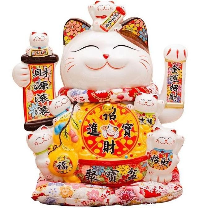 Maneki Neko Tangan Goyang Pajangan Kucing Hoki Besar Jumbo Patung Kado ,