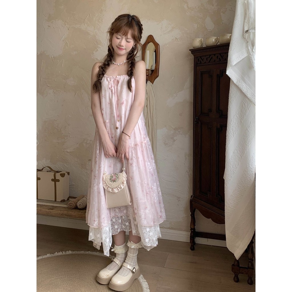 Su Li Met French Sweet Mori Style Niche Pink Dress+Cardigan Slimming Lady Suit