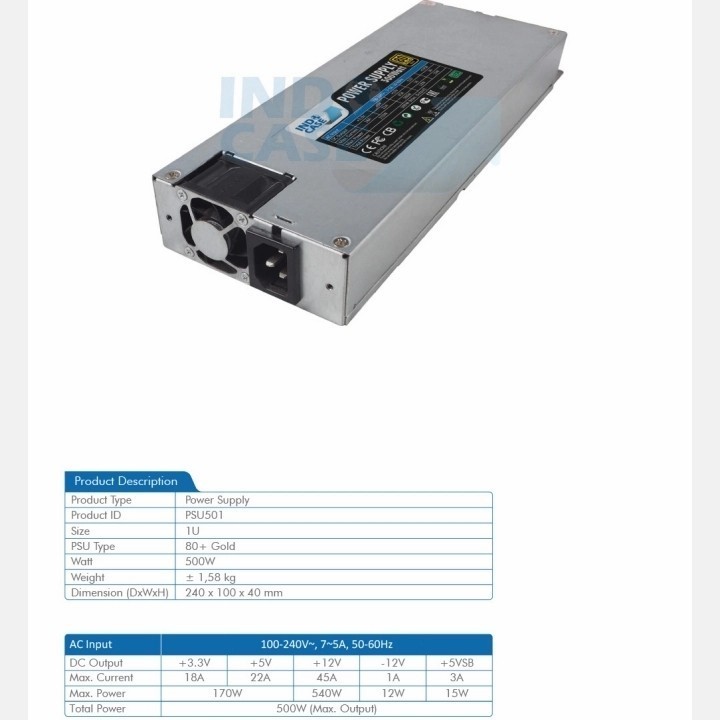 INDOCASE PSU501U - Power Supply 500W Pure for 1U Case