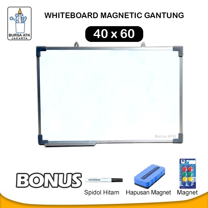 

Whiteard Magnetic Gantung 40 x 60 Spidol HTM, Magnet, Hapusan