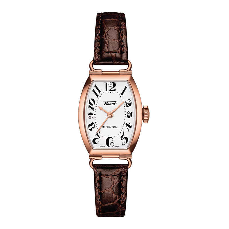 Jam Tangan Wanita Tissot Heritage Porto T128.161.36.012.00 Mechanical Small Lady White Dial Brown Le