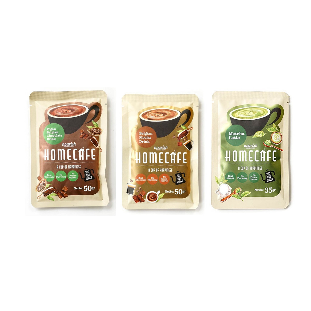 

Homecafe Nourish Vegan Belgian Chocolate Drink | Belgian Mocha Drink | Matcha Latte Minuman Siap Seduh 35gr