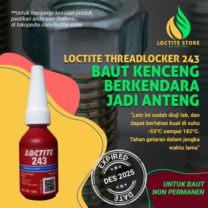 

LEM BAUT TAHAN PANAS DAN GETARAN LOCTITE 243 10ML (BAUT NON PERMANEN)