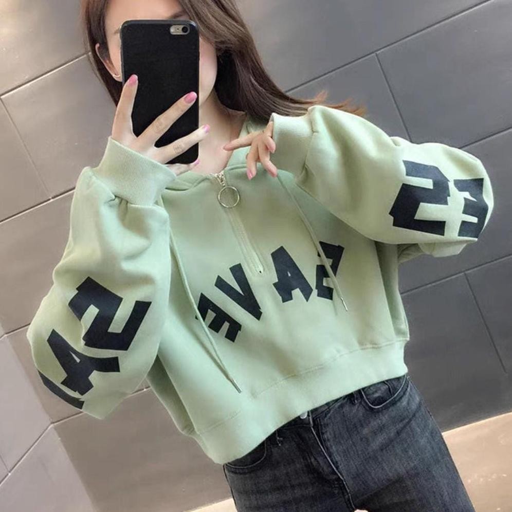 PL30 SAVE CROP HODIE ZIPPER RING Sweater Crope Crewneck Outfit sweatshirt Ootd Wanita Baju Atasan Ke