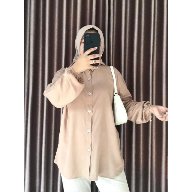 Blouse Kerja Oversize Tunik Kemeja Polos Kamejawanita Cewek Lengan Karet Trendy Fashion Bluse Keren 