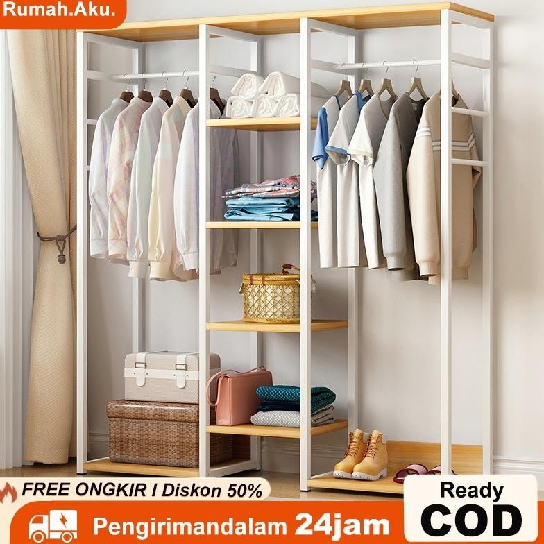 Rak Gantungan Baju Besi Terbuka/Rak Baju Kayu 5 Susun/Stand Hanger Besi