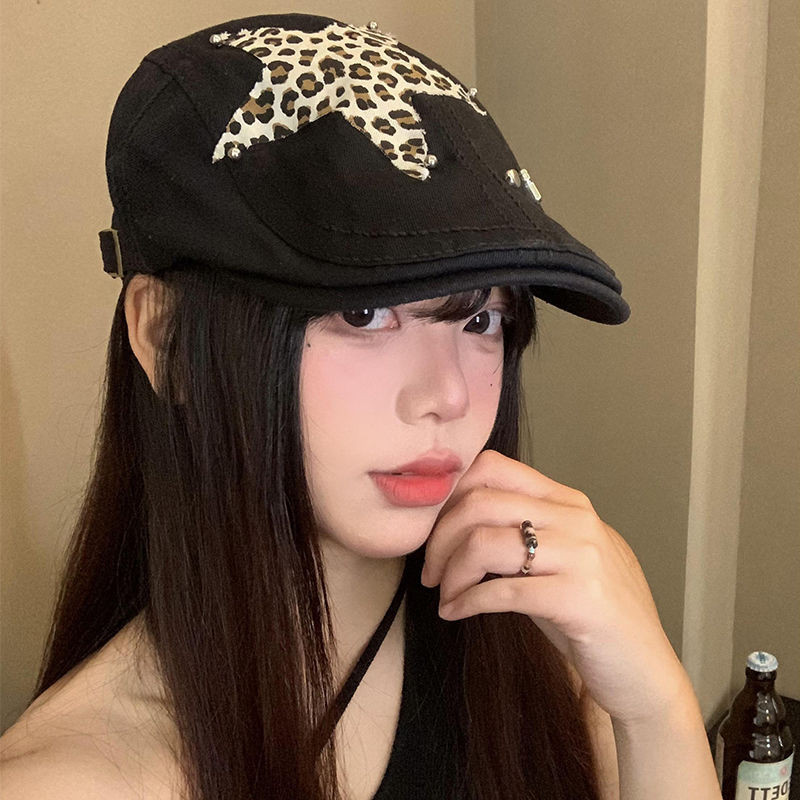 【COD】XINGX Topi Baret Motif Macan Tutul Wanita, Topi Kecil Model Retro Amerika, Topi Baret Hitam