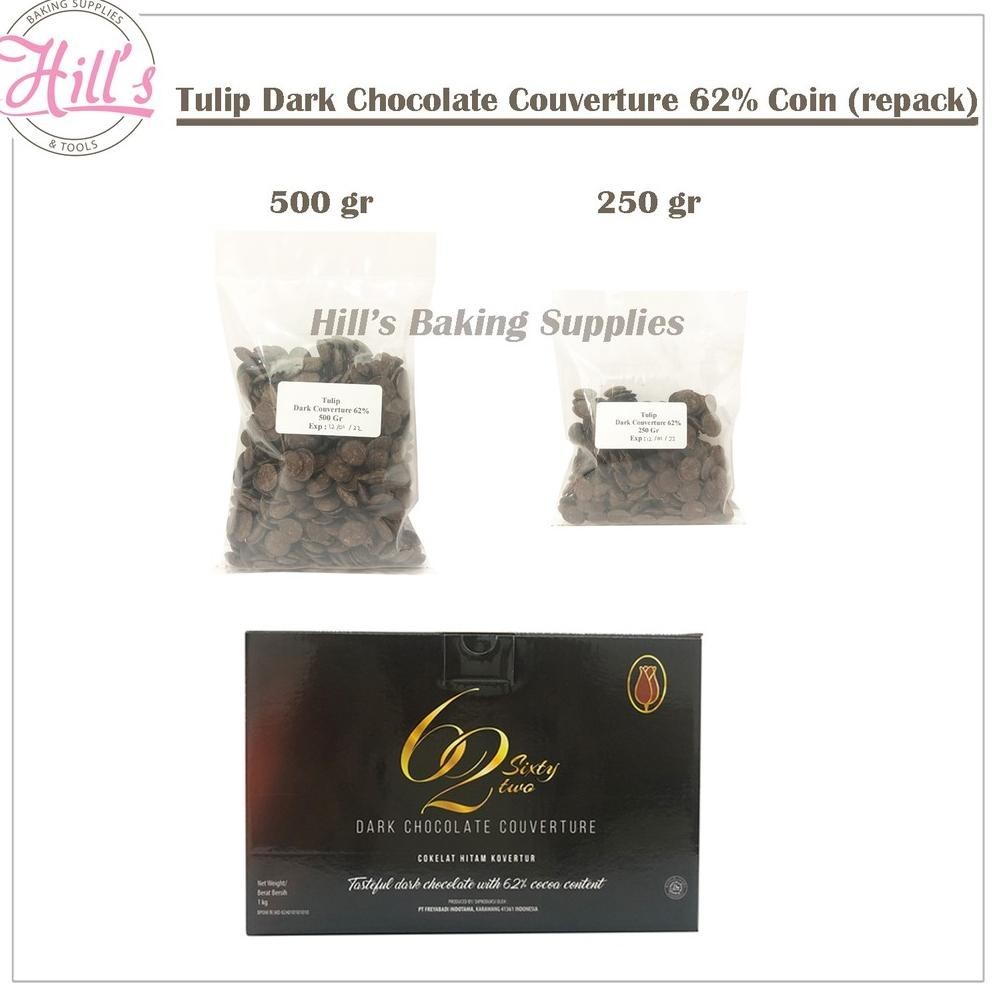 

(DISKON) TULIP DARK CHOCOLATE COUVERTURE 62% 250gr 500gr / COKELAT COUVERTURE / COKLAT COIN CHOCO 62 % 250 500 gr
