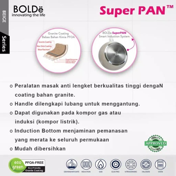 Bolde Super Pan Wok ( Wajan ) 28 Cm + Lid Tutup Kaca, Granite Beige