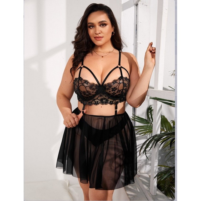 GRATIS ONGKIR lingerie seksi lace transparan / lingerie big size setelan 1016