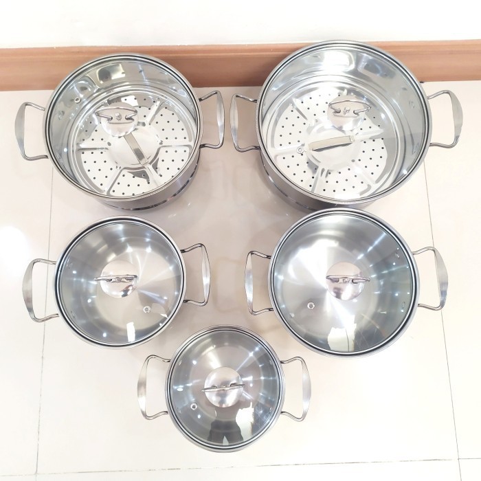 Panci Set Stainless Steel Tutup Kaca+Saringan Isi 5