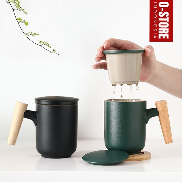 Gelas Keramik Tutup Mug Kopi Cangkir Teh Set Tea Cup Strainer Dune