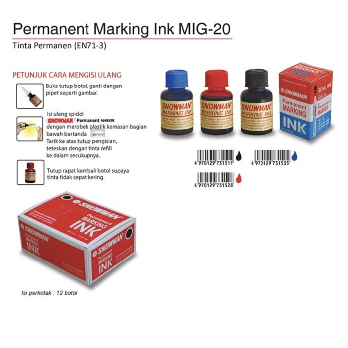 

Sale (1 Lusin) Tinta Spidol Snowman Refill Ink Mig-20 Untuk Spidol G-12