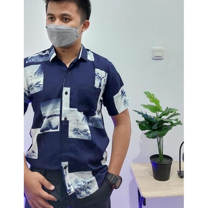 Kemeja Printing / Kemeja Motif / Nature Shirt / Rayon / Navy