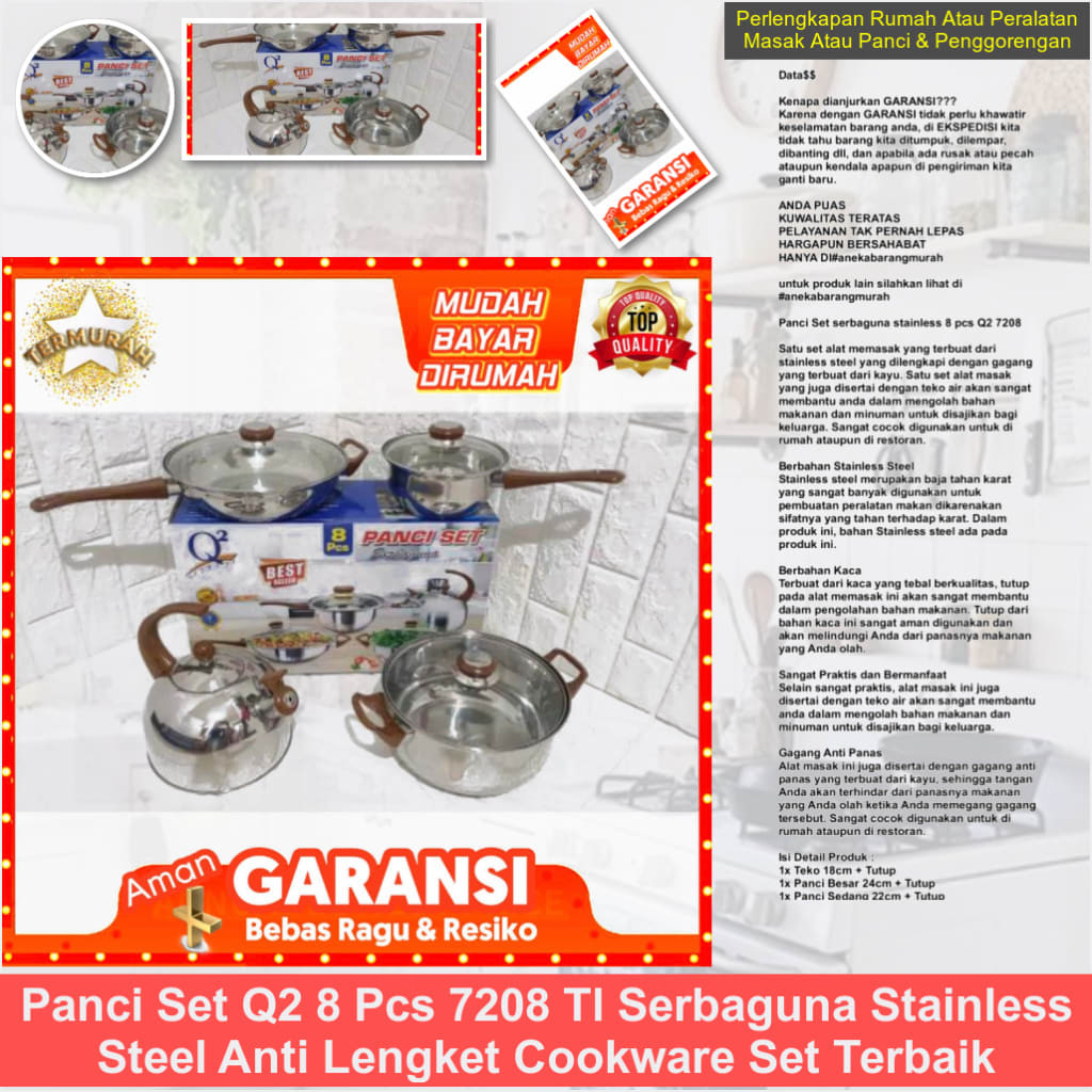 Panci Set Q2 8 pcs 7208 TL Serbaguna Stainless Steel Anti Lengket Cookware Set Terbaik