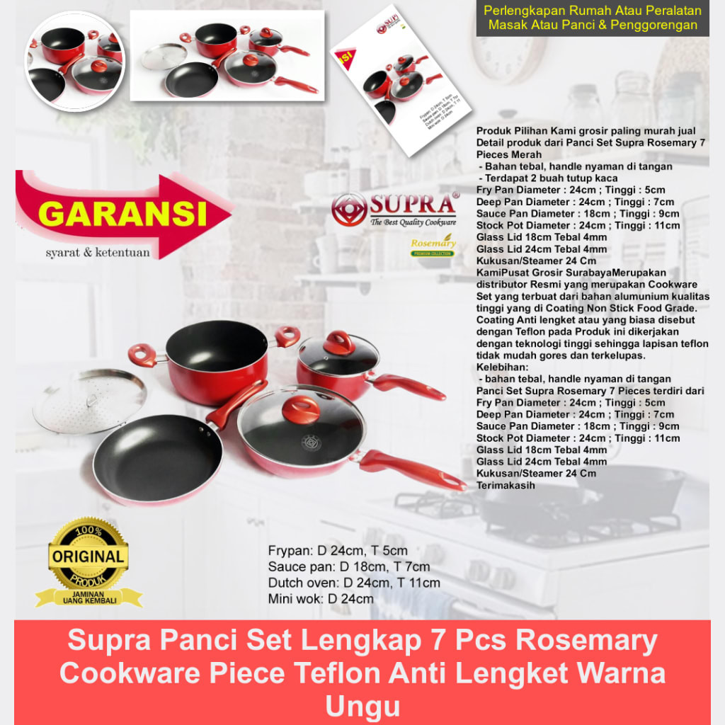 SUPRA Panci Set Lengkap 7 Pcs Rosemary Cookware Piece Teflon Anti Lengket Warna Ungu