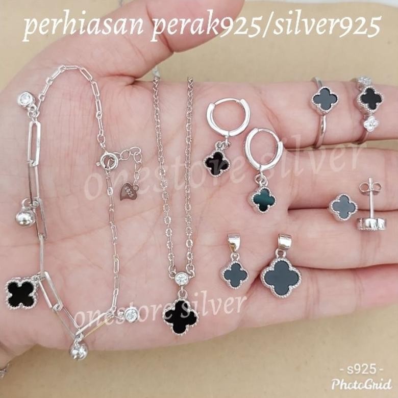 GV23 ANTING VANCLEEF CLOVER PERAK 925 LAPIS MAS PUTIH CLOVER / Gelang Clover / Kalung Clover / Cinci