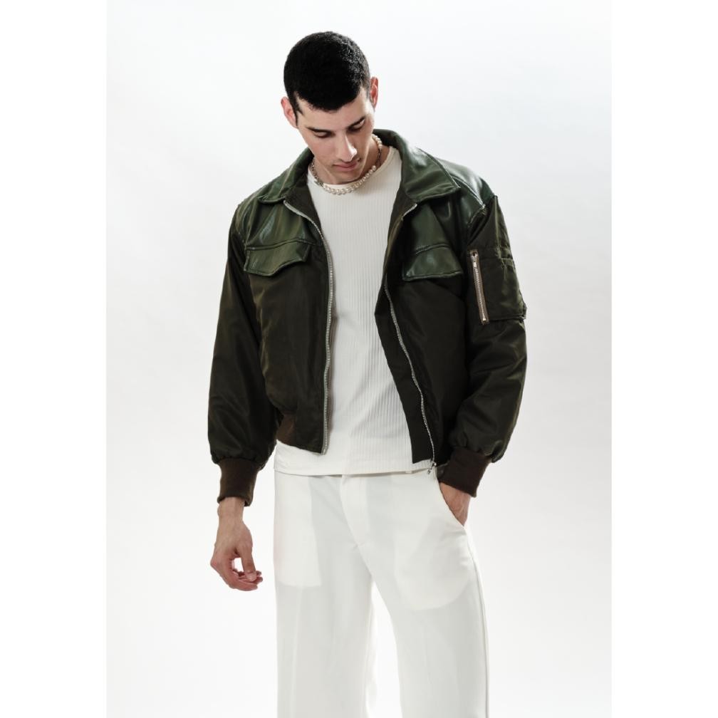 Jaket Pria Keren Jake Mixed Leather Nylon Army Bomber Jacket