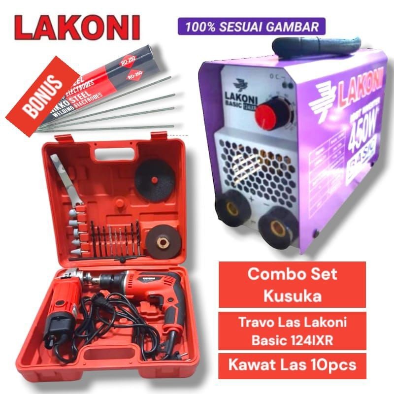Originial Paket Combo Mesin Las Lakoni 450Watt + Bor Gerinda Koper Set Kusuka Asli