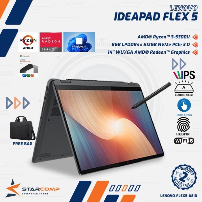 Lenovo Ideapad Flex 5 Ryzen 3-5300U 8Gb 512Gb 14" Wuxga Touch W11+Ohs