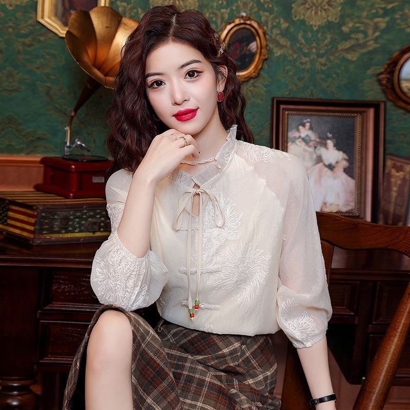 Kemeja Sutra Kerah Telinga Kayu Bordir Organza Atasan Wanita